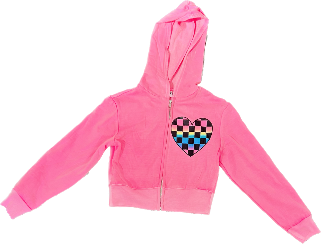 Checkerboard Heart Neon Pink Zip Hoody