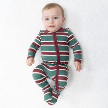 Load image into Gallery viewer, Rugby Stripe Green Polo 2 Way Zipper Footie

