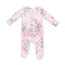 Load image into Gallery viewer, Painterly Rose Bouquets Ruffle Back Zipper Footie
