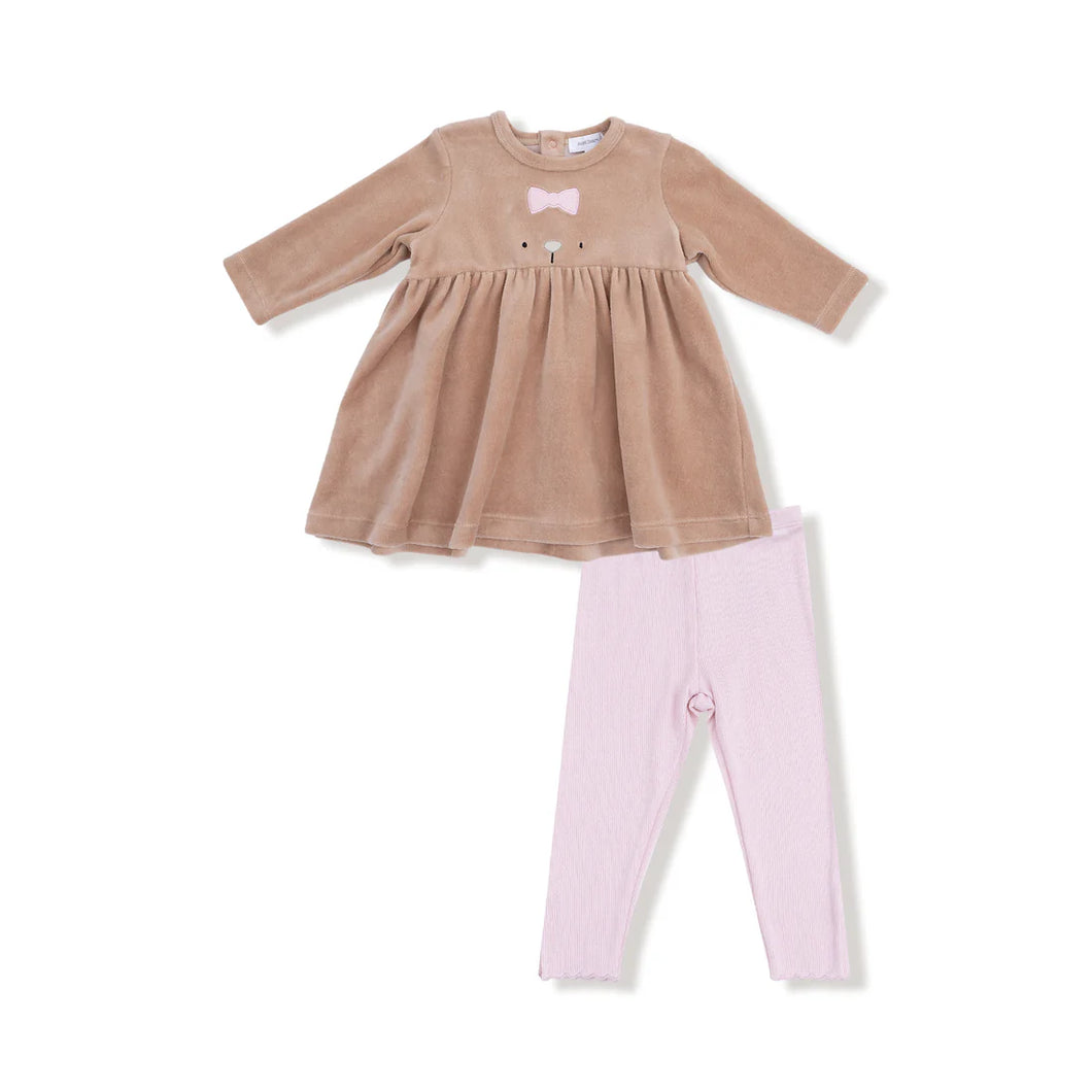 Velour Teddy Bear LS Empire Waist Dress & Legging
