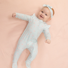 Load image into Gallery viewer, Tiny Cherry Stripe 2 Way Ruffle Sleeve Zipper Footie
