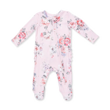 Load image into Gallery viewer, Painterly Rose Bouquets Ruffle Back Zipper Footie
