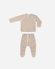 Load image into Gallery viewer, Almond Stripe Wrap Top, Footed Pant and Hat Set
