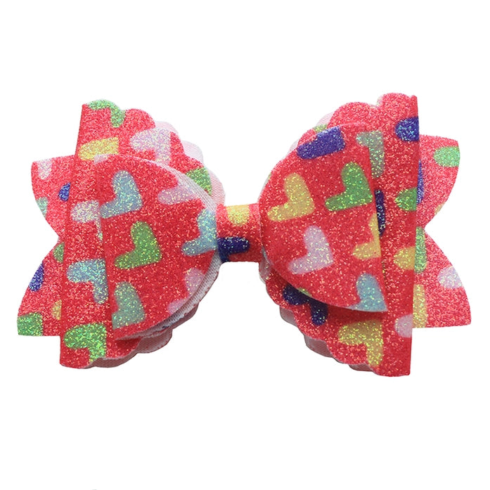 Pink Glitter Bow with Hearts Clip